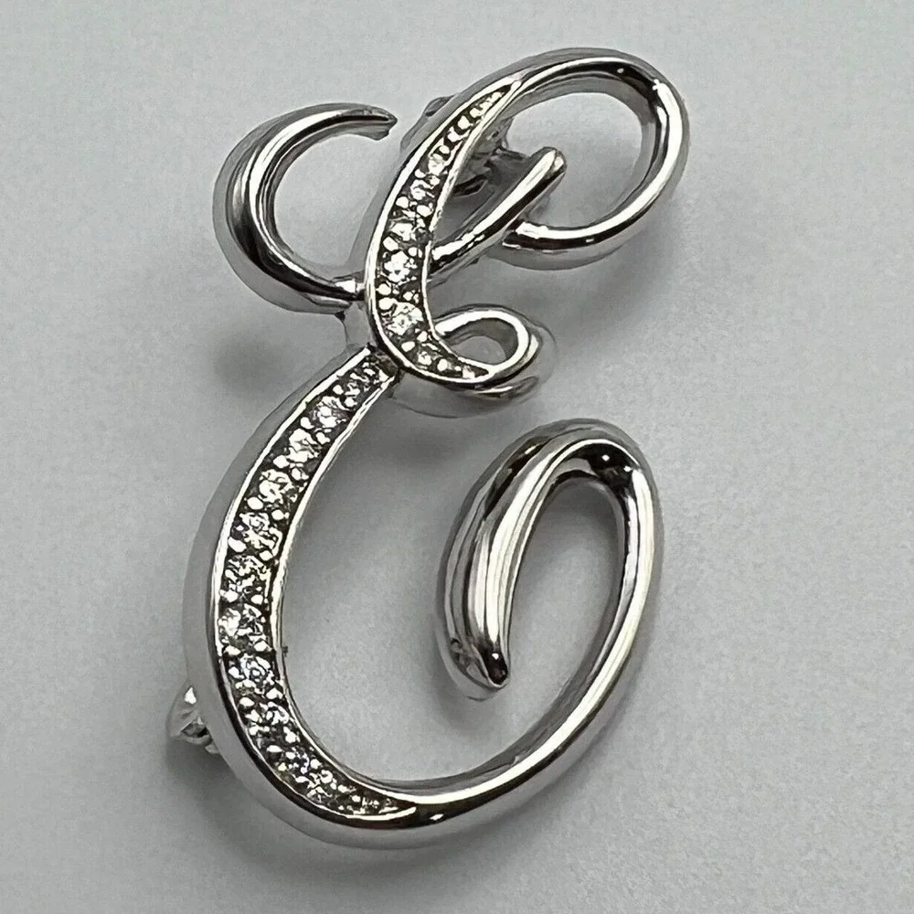 Berricle Initial E Brooch Silver Tone with CZ Accent Pin